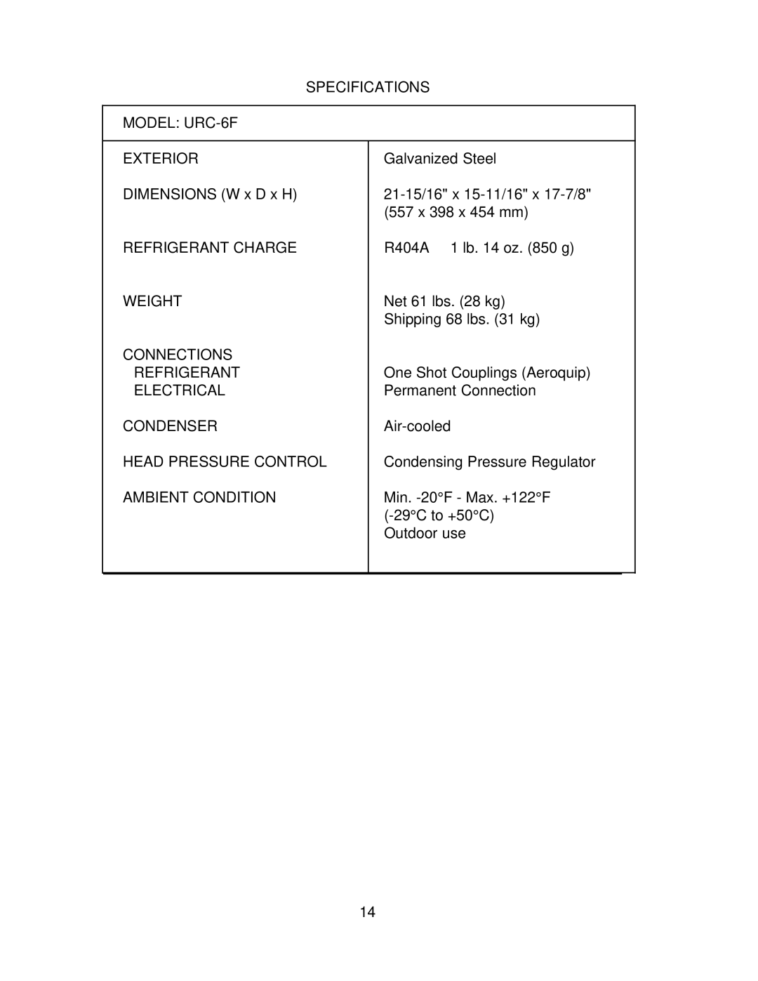 Hoshizaki F-1000MRF/-C, F-1000MAF/-C, F-1000MLF/-C, F-1000MWF/-C service manual Specifications Model URC-6F Exterior 