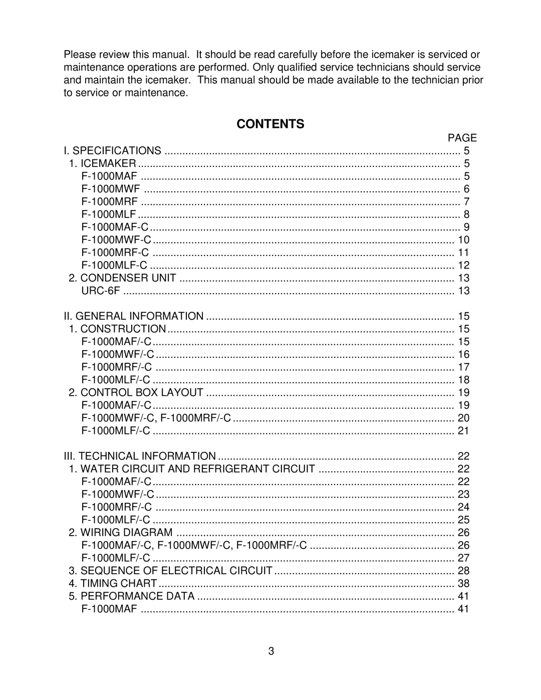 Hoshizaki F-1000MWF/-C, F-1000MAF/-C, F-1000MLF/-C, F-1000MRF/-C service manual Contents 