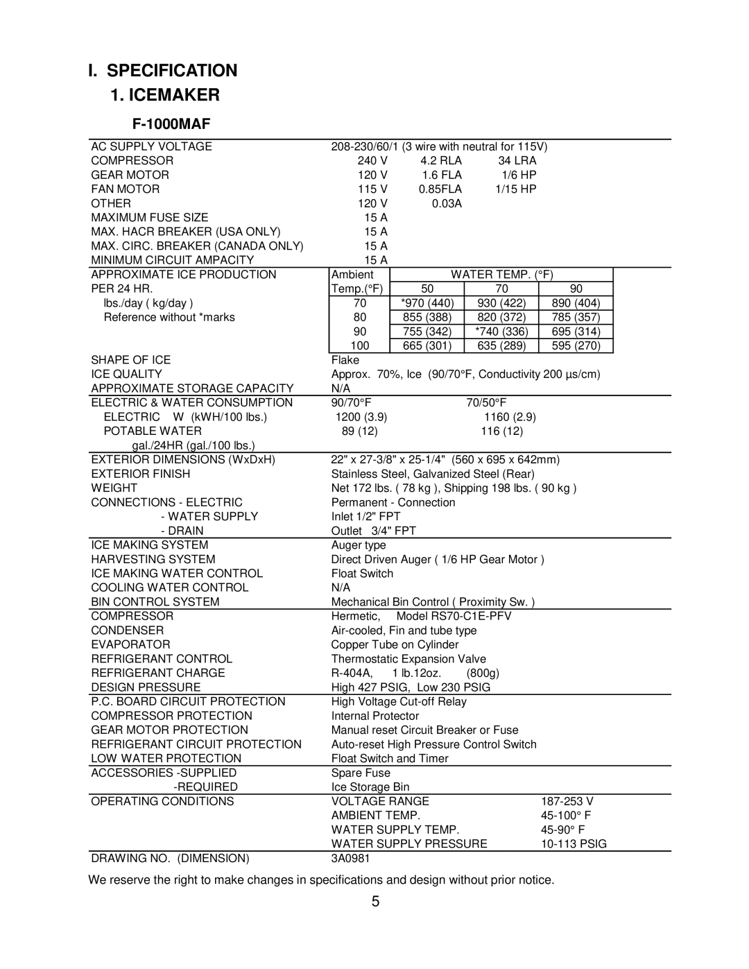 Hoshizaki F-1000MLF/-C, F-1000MAF/-C, F-1000MRF/-C, F-1000MWF/-C service manual Specification Icemaker 