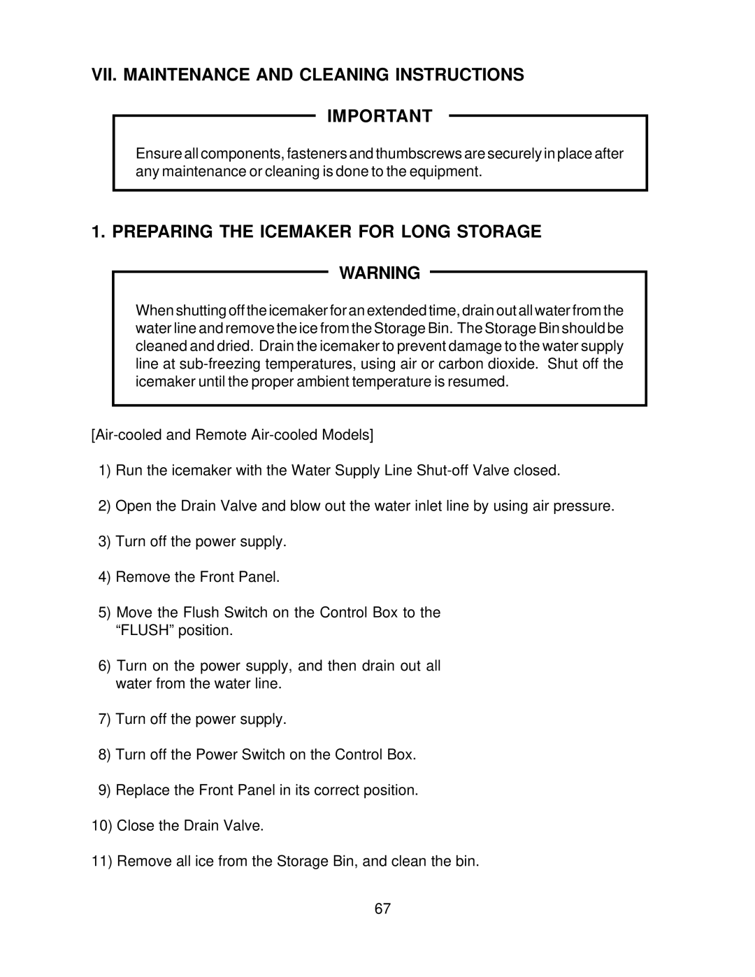 Hoshizaki F-1000MWF/-C, F-1000MAF/-C VII. Maintenance and Cleaning Instructions, Preparing the Icemaker for Long Storage 