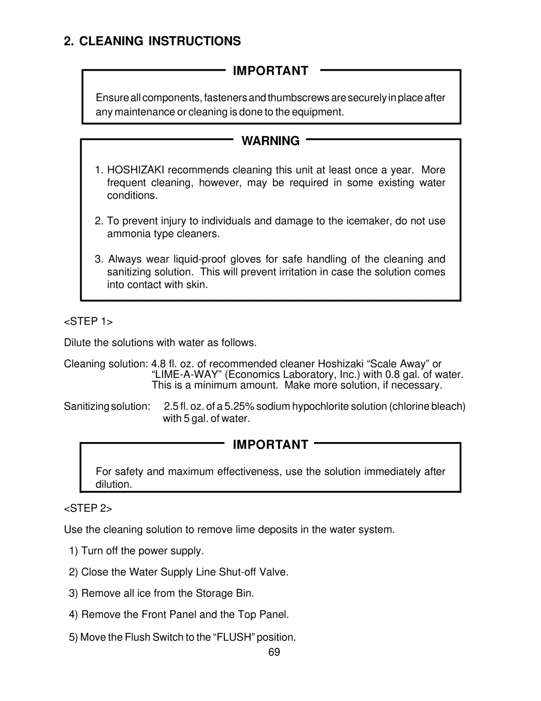 Hoshizaki F-1000MLF/-C, F-1000MAF/-C, F-1000MRF/-C, F-1000MWF/-C service manual Cleaning Instructions 