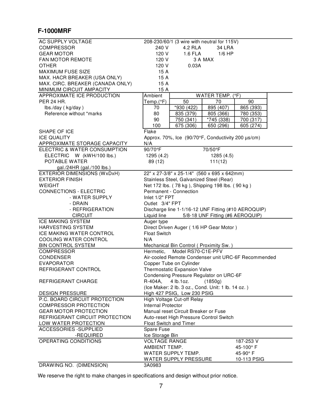 Hoshizaki F-1000MWF/-C, F-1000MAF/-C, F-1000MLF/-C, F-1000MRF/-C service manual Water TEMP. F 