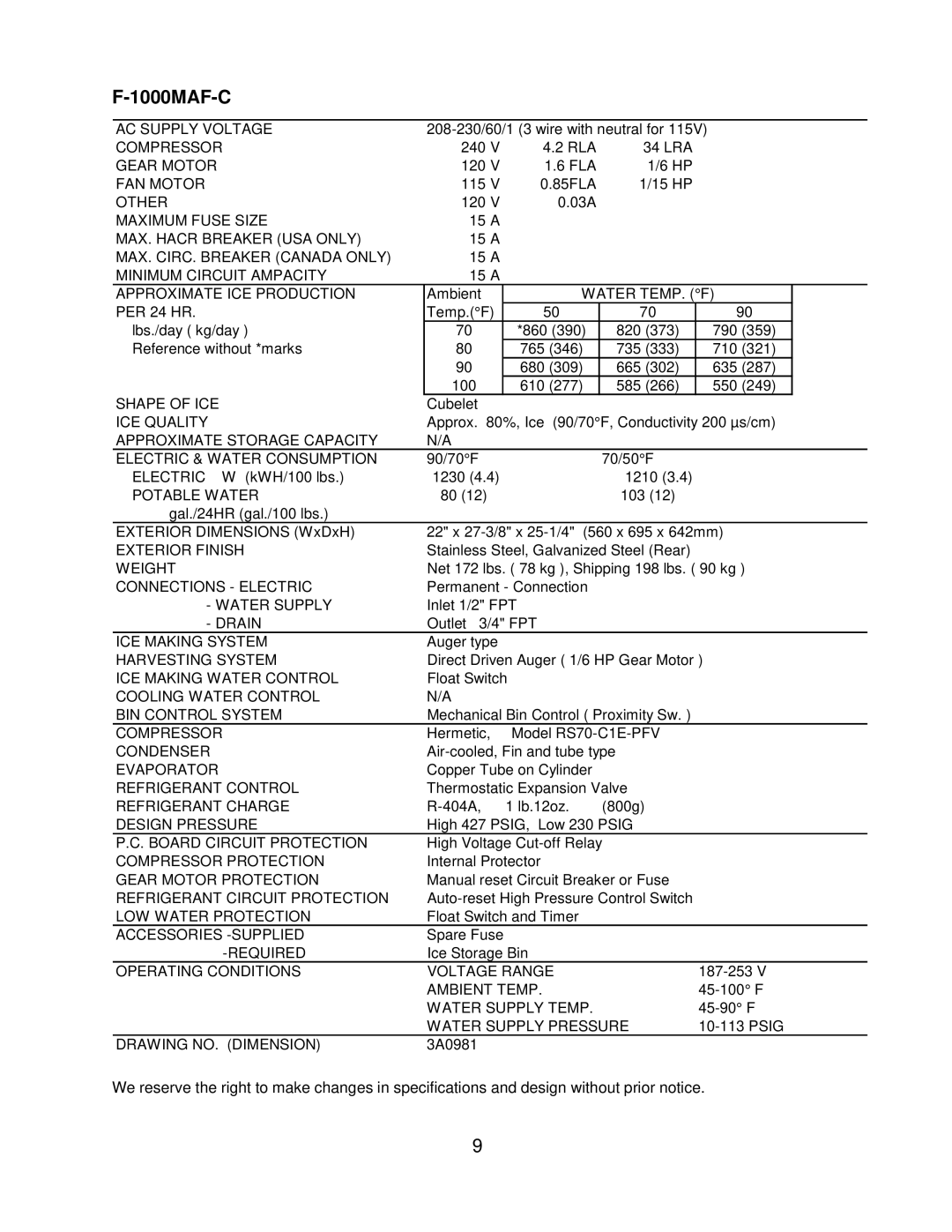 Hoshizaki F-1000MLF/-C, F-1000MAF/-C, F-1000MRF/-C, F-1000MWF/-C service manual 1000MAF-C 