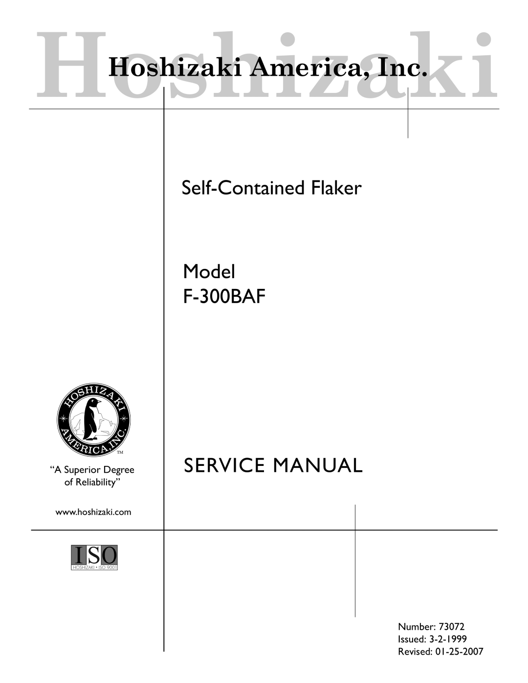 Hoshizaki F-300BAF service manual Self-Contained Flaker Model 300BAF 