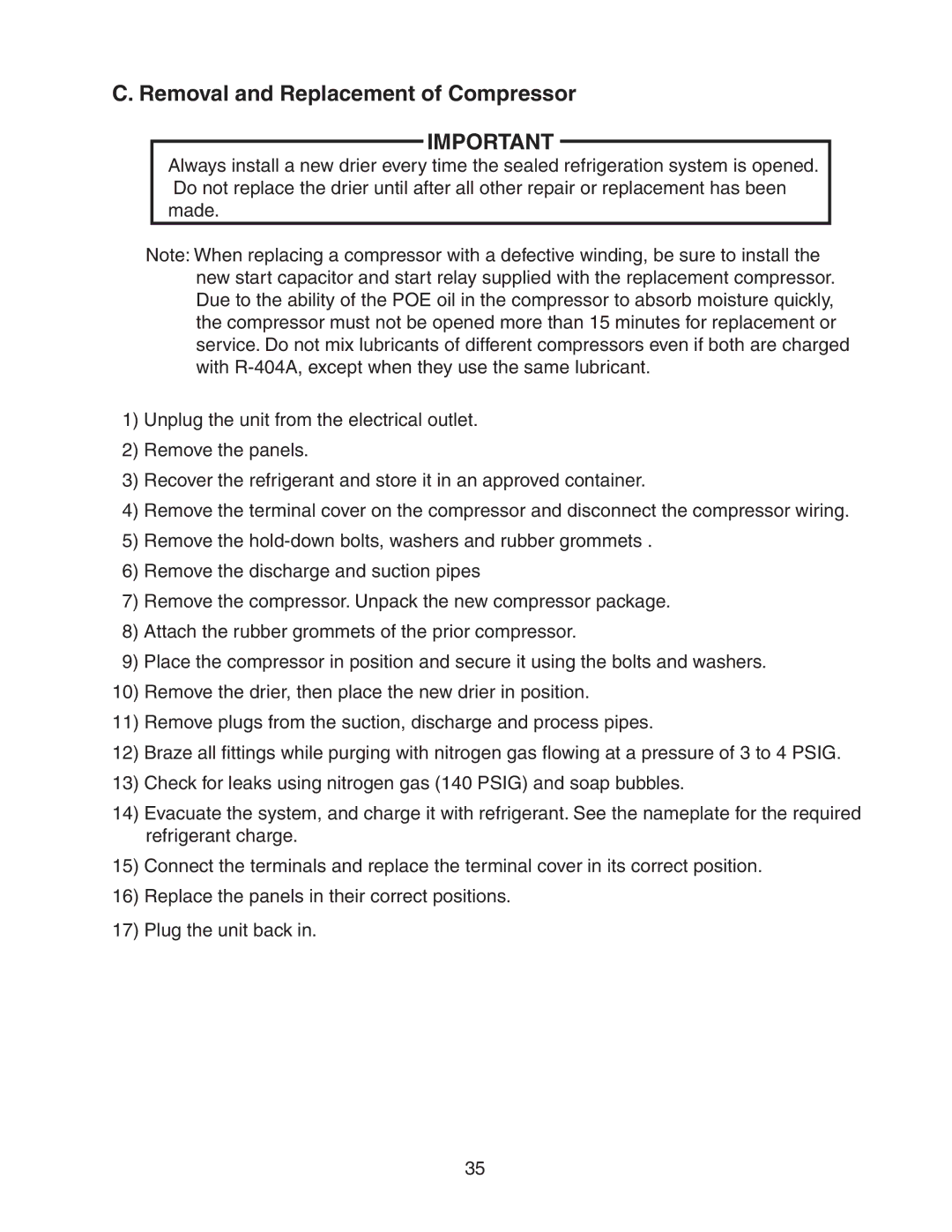 Hoshizaki F-300BAF service manual Removal and Replacement of Compressor 