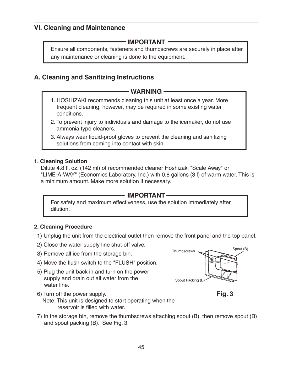 Hoshizaki F-300BAF service manual VI. Cleaning and Maintenance, Cleaning and Sanitizing Instructions, Cleaning Solution 