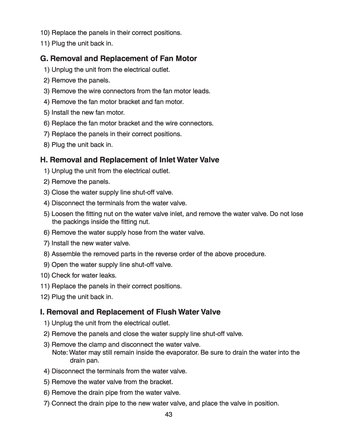 Hoshizaki F-300BAF service manual G. Removal and Replacement of Fan Motor, H. Removal and Replacement of Inlet Water Valve 