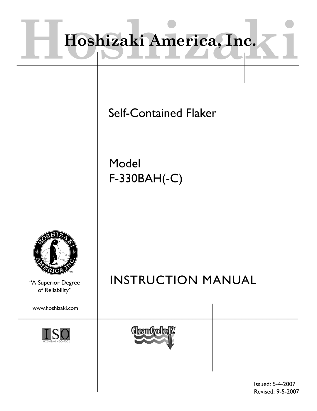 Hoshizaki F-330BAH(-C) instruction manual Self-Contained Flaker Model 330BAH-C 