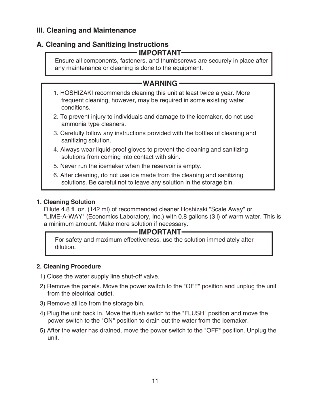 Hoshizaki F-330BAH(-C) instruction manual Cleaning Solution, Cleaning Procedure 