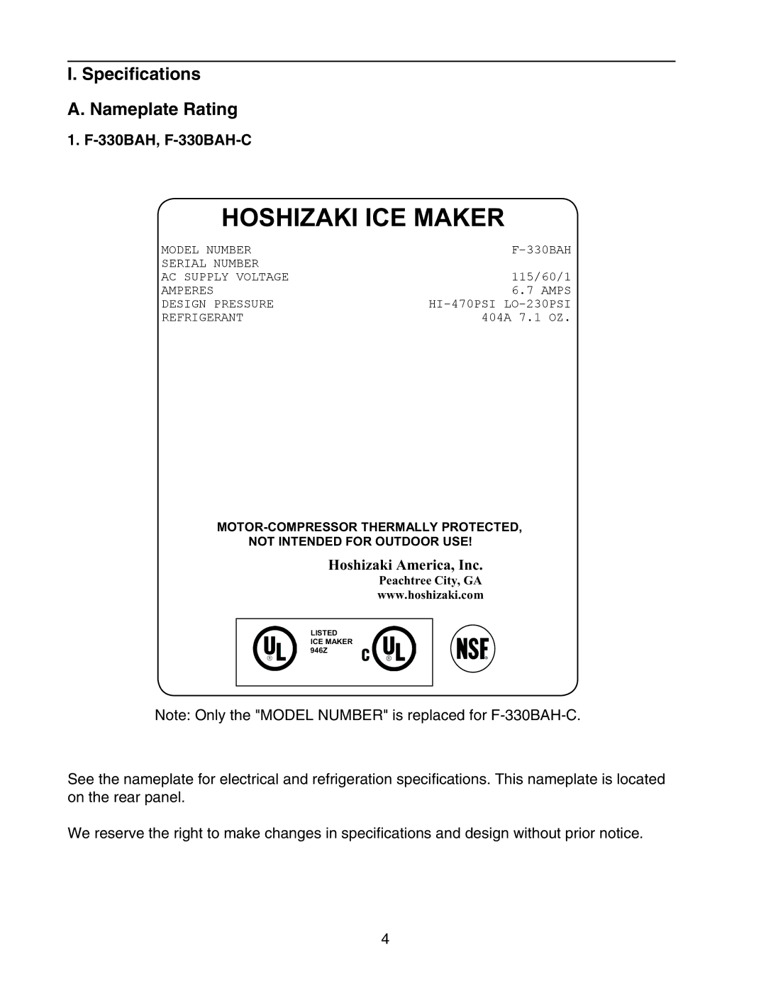 Hoshizaki F-330BAH(-C) instruction manual Specifications Nameplate Rating, 330BAH, F-330BAH-C 