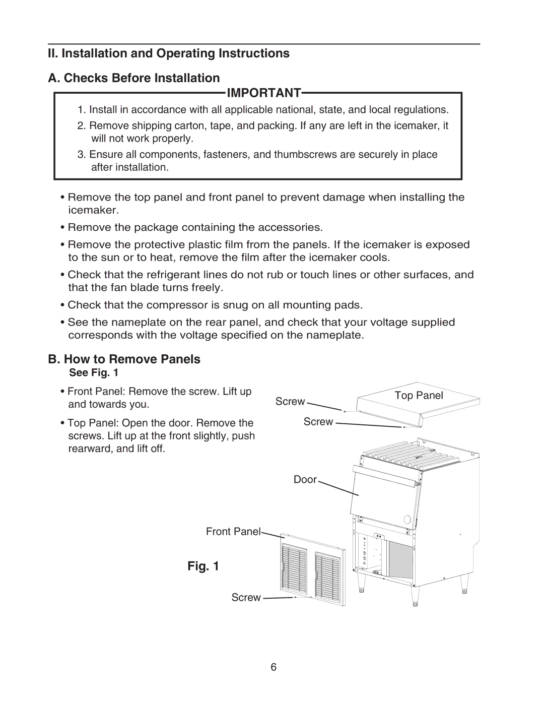 Hoshizaki F-330BAH(-C) instruction manual How to Remove Panels, See Fig 