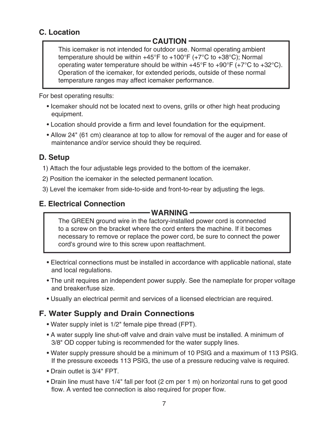 Hoshizaki F-330BAH(-C) instruction manual Location, Setup, Electrical Connection, Water Supply and Drain Connections 