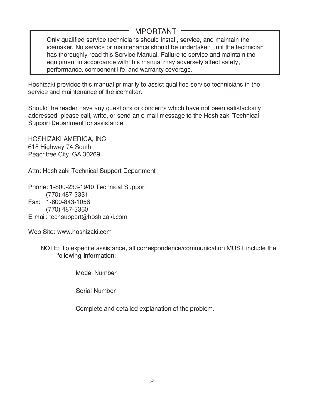 Hoshizaki F-450MAH-C service manual Hoshizaki AMERICA, INC 