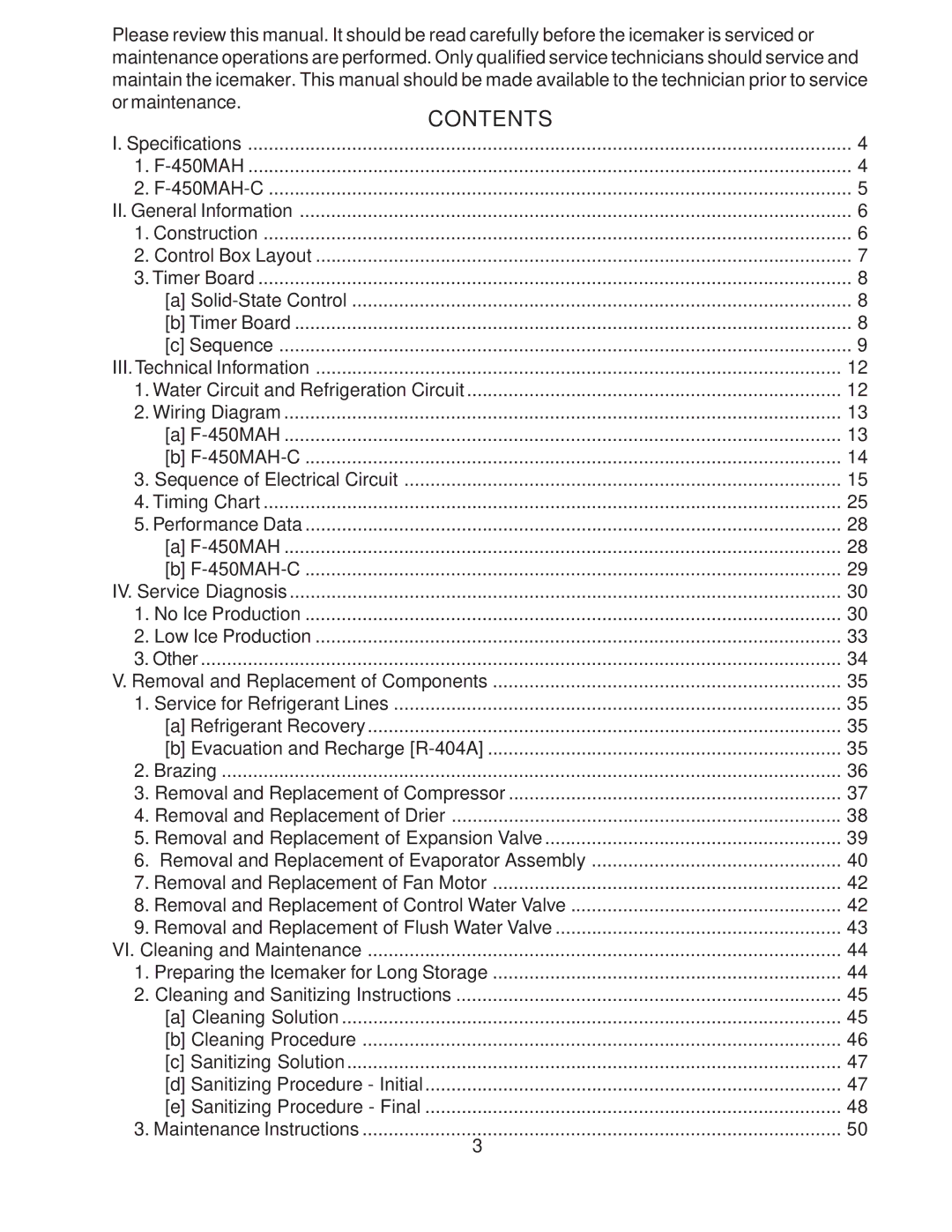 Hoshizaki F-450MAH-C service manual Contents 