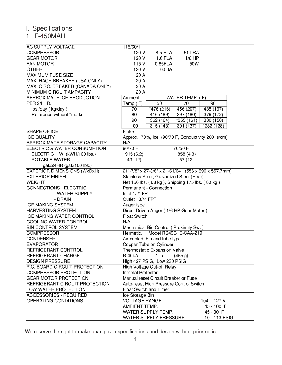 Hoshizaki F-450MAH-C service manual Specifications 1. F-450MAH, Water TEMP. F 