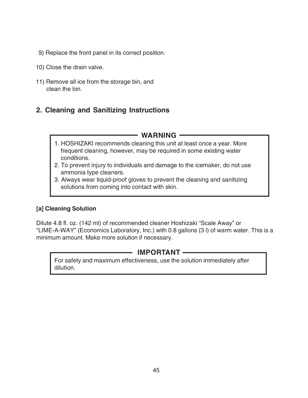 Hoshizaki F-450MAH-C service manual Cleaning and Sanitizing Instructions, Cleaning Solution 