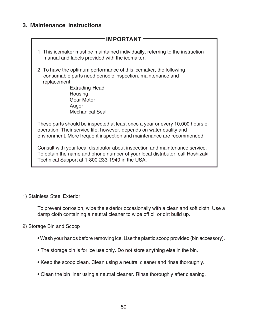 Hoshizaki F-450MAH-C service manual Maintenance Instructions 