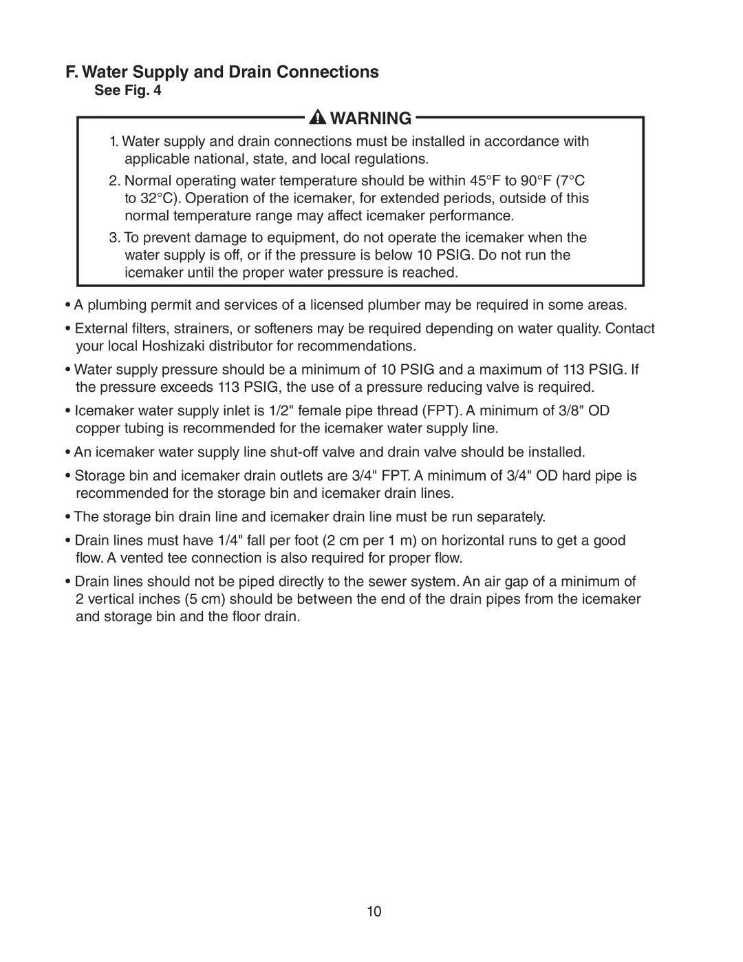 Hoshizaki F-450MAH(-C) instruction manual Water Supply and Drain Connections, See Fig 