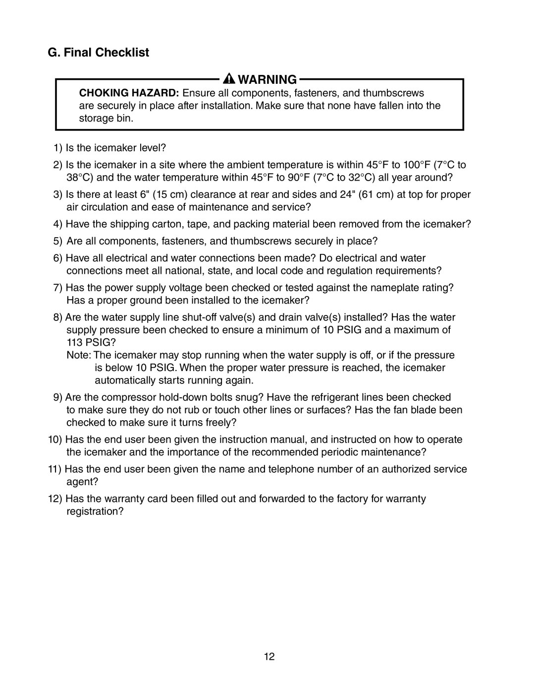 Hoshizaki F-450MAH(-C) instruction manual Final Checklist 