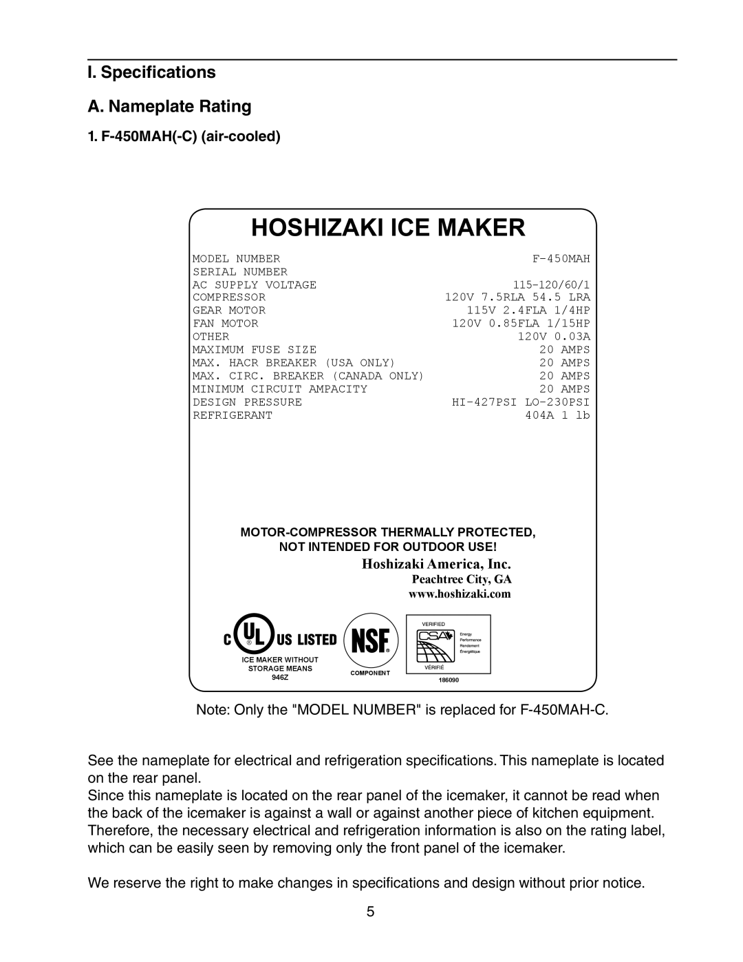 Hoshizaki F-450MAH(-C) instruction manual Specifications Nameplate Rating, 450MAH-C air-cooled 