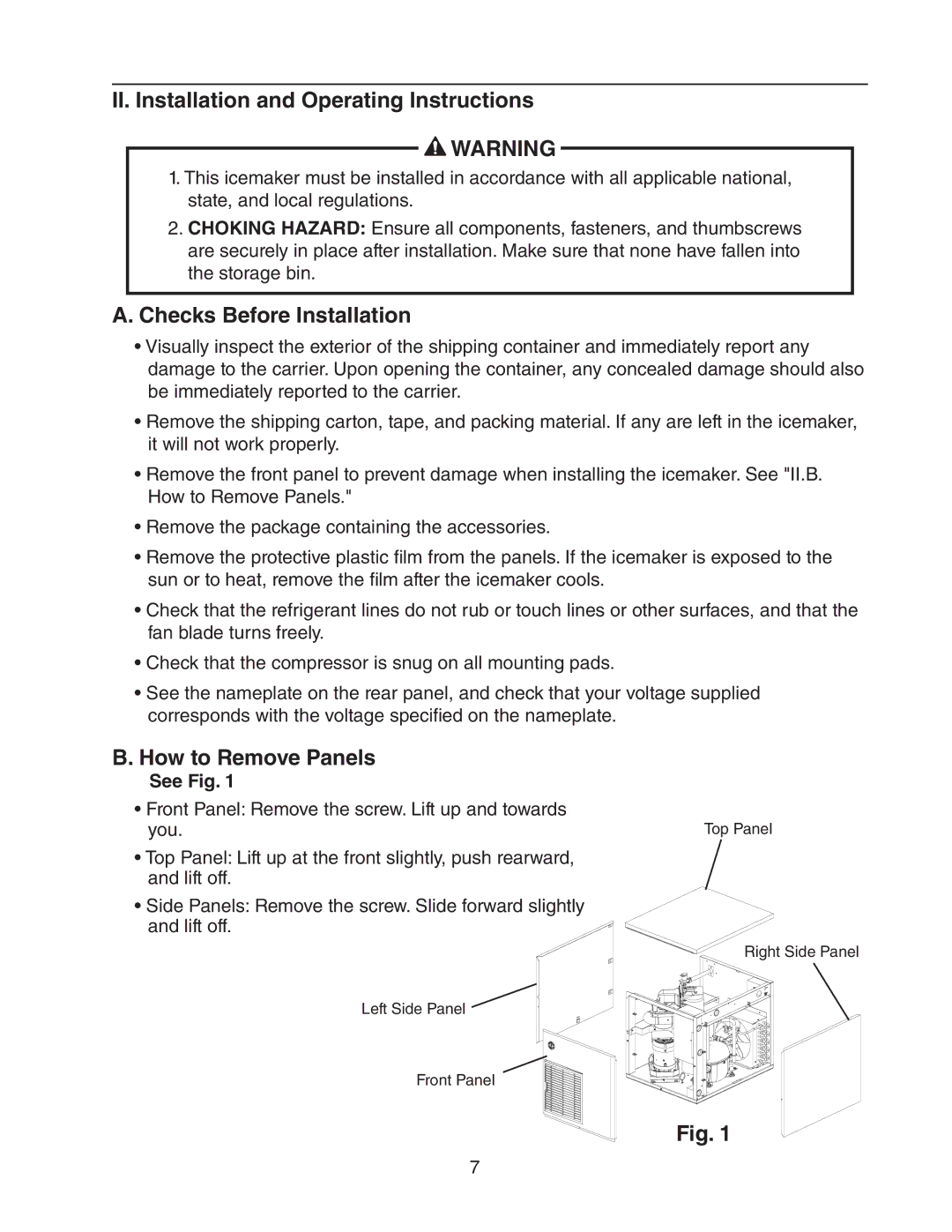 Hoshizaki F-450MAH(-C) II. Installation and Operating Instructions, Checks Before Installation, How to Remove Panels 