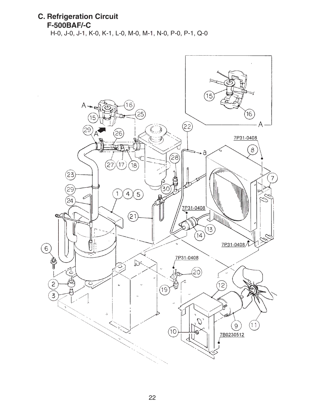 Hoshizaki F-500BAF/-C manual Refrigeration Circuit 500BAF/-C, J-0, J-1, K-0, K-1, L-0, M-0, M-1, N-0, P-0, P-1, Q-0 