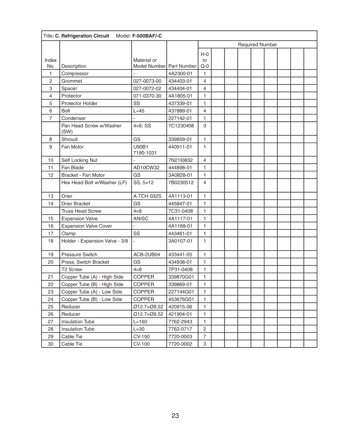 Hoshizaki manual Title C. Refrigeration Circuit Model F-500BAF/-C, Anisc, ACB-2UB04, Copper 