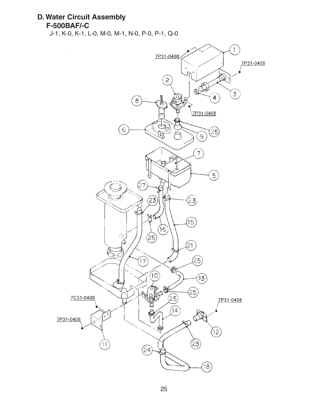 Hoshizaki F-500BAF/-C manual Water Circuit Assembly 500BAF/-C, K-0, K-1, L-0, M-0, M-1, N-0, P-0, P-1, Q-0 