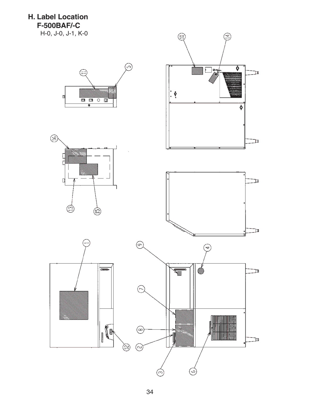 Hoshizaki F-500BAF/-C manual Label Location 500BAF/-C, J-0, J-1, K-0 