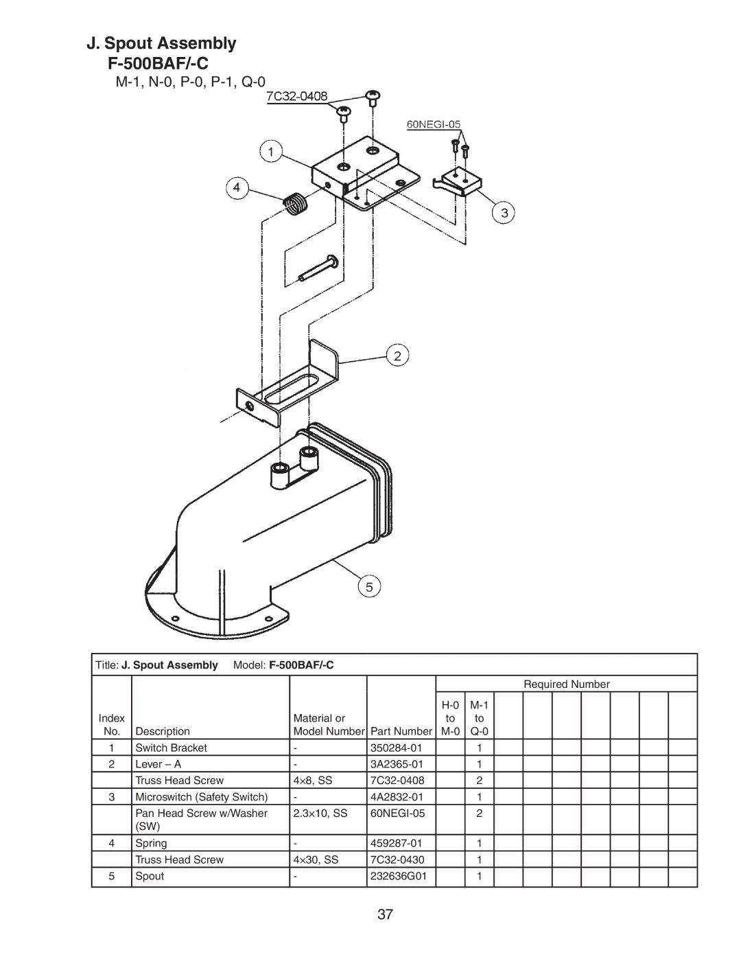 Hoshizaki manual Spout Assembly 500BAF/-C, Title J. Spout Assembly Model F-500BAF/-C 