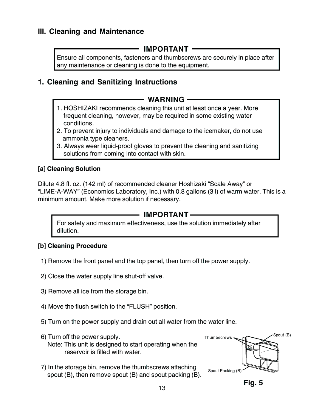 Hoshizaki F-500BAF(-C) instruction manual III. Cleaning and Maintenance, Cleaning and Sanitizing Instructions 