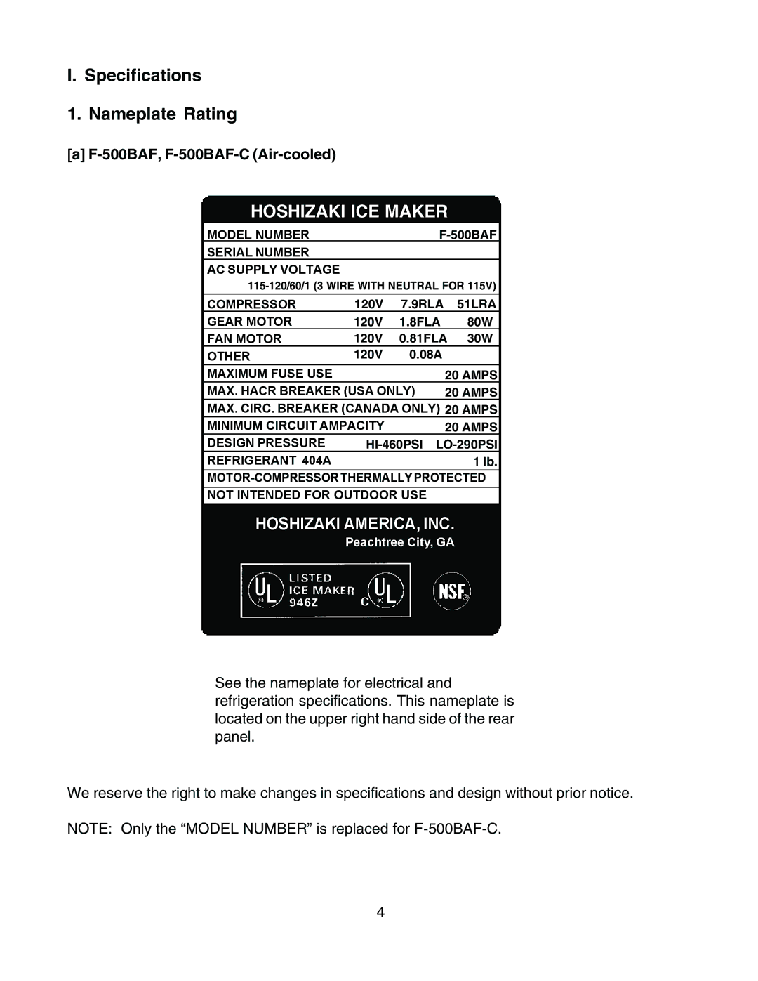 Hoshizaki F-500BAF(-C) instruction manual Specifications Nameplate Rating, Hoshizaki ICE Maker 