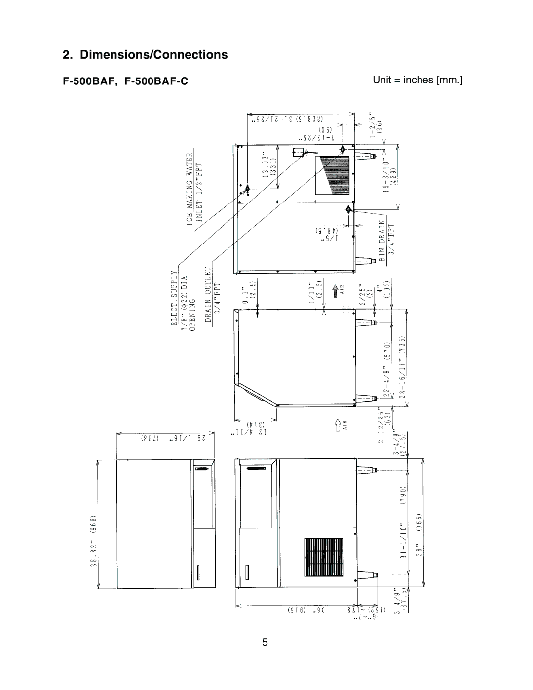 Hoshizaki F-500BAF(-C) instruction manual Dimensions/Connections 