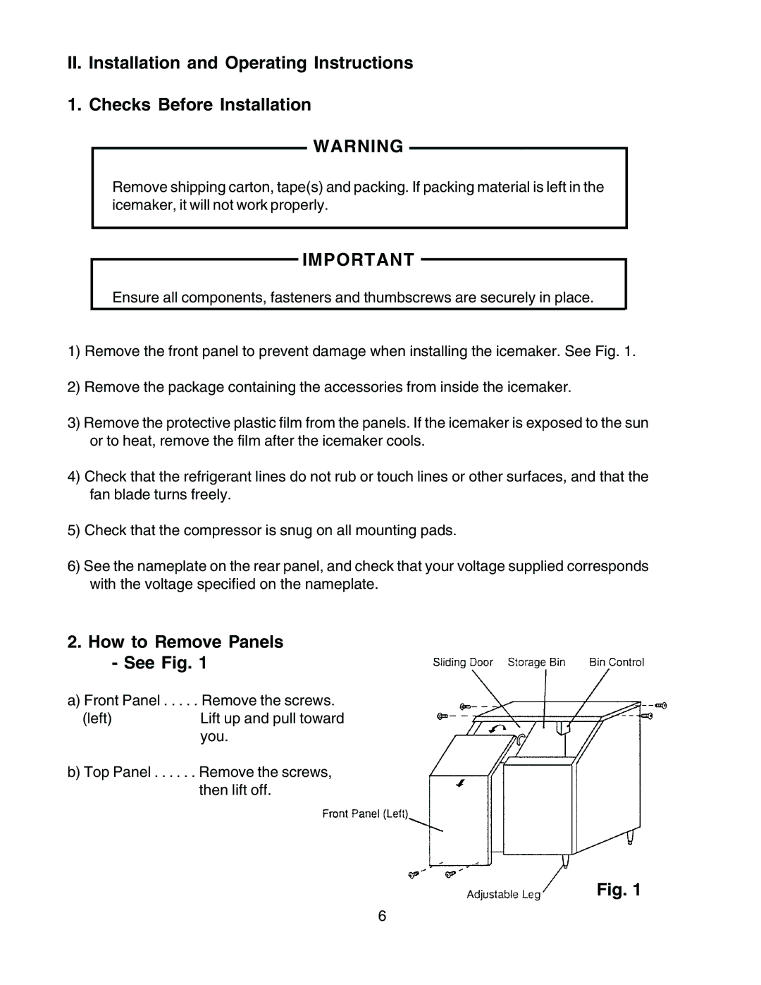 Hoshizaki F-500BAF(-C) instruction manual How to Remove Panels See Fig 