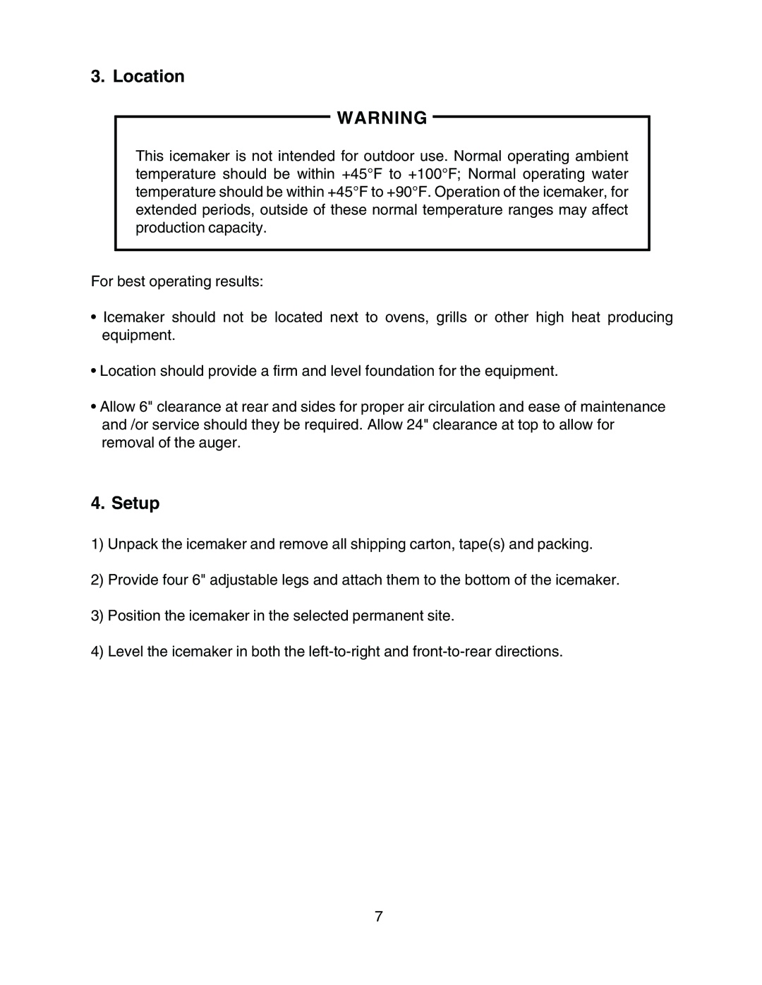 Hoshizaki F-500BAF(-C) instruction manual Location, Setup 