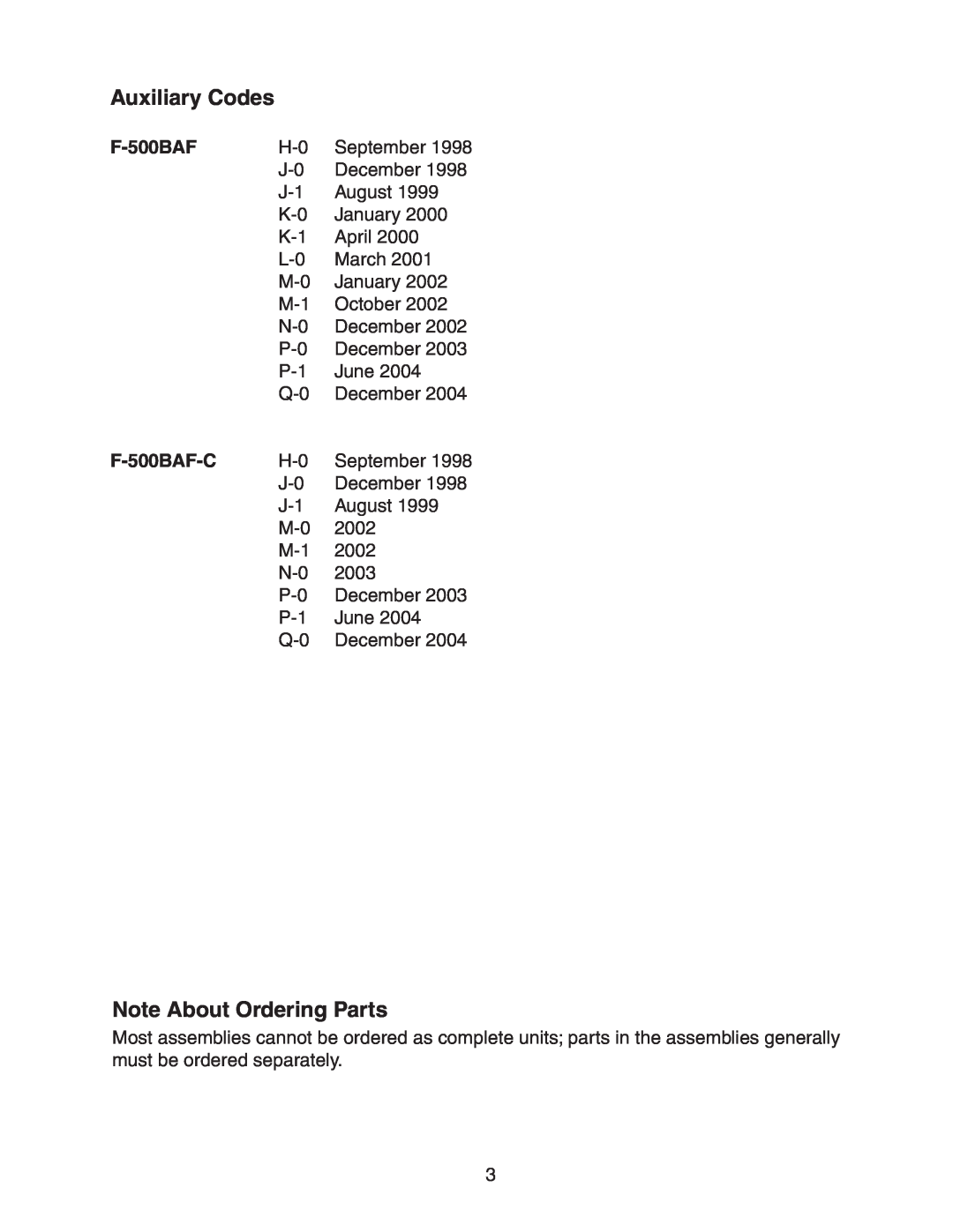 Hoshizaki F-500BAF/-C manual Auxiliary Codes, Note About Ordering Parts, F-500BAF-C 