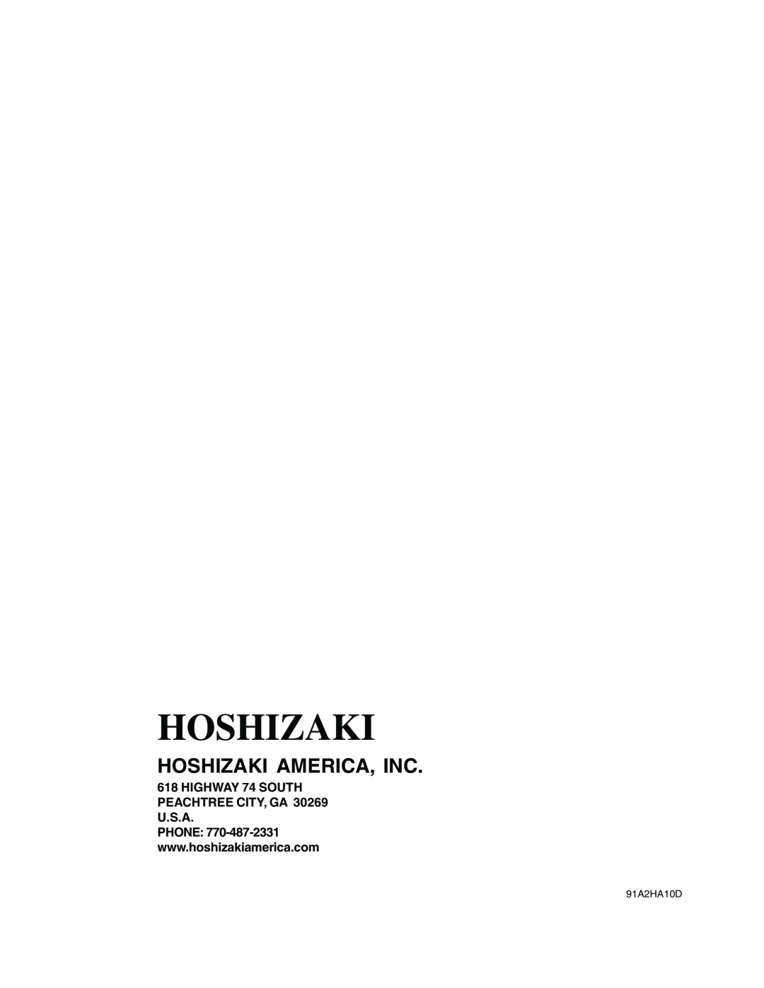 Hoshizaki F-500BAF(-C) instruction manual Hoshizaki America, Inc, 91A2HA10D 