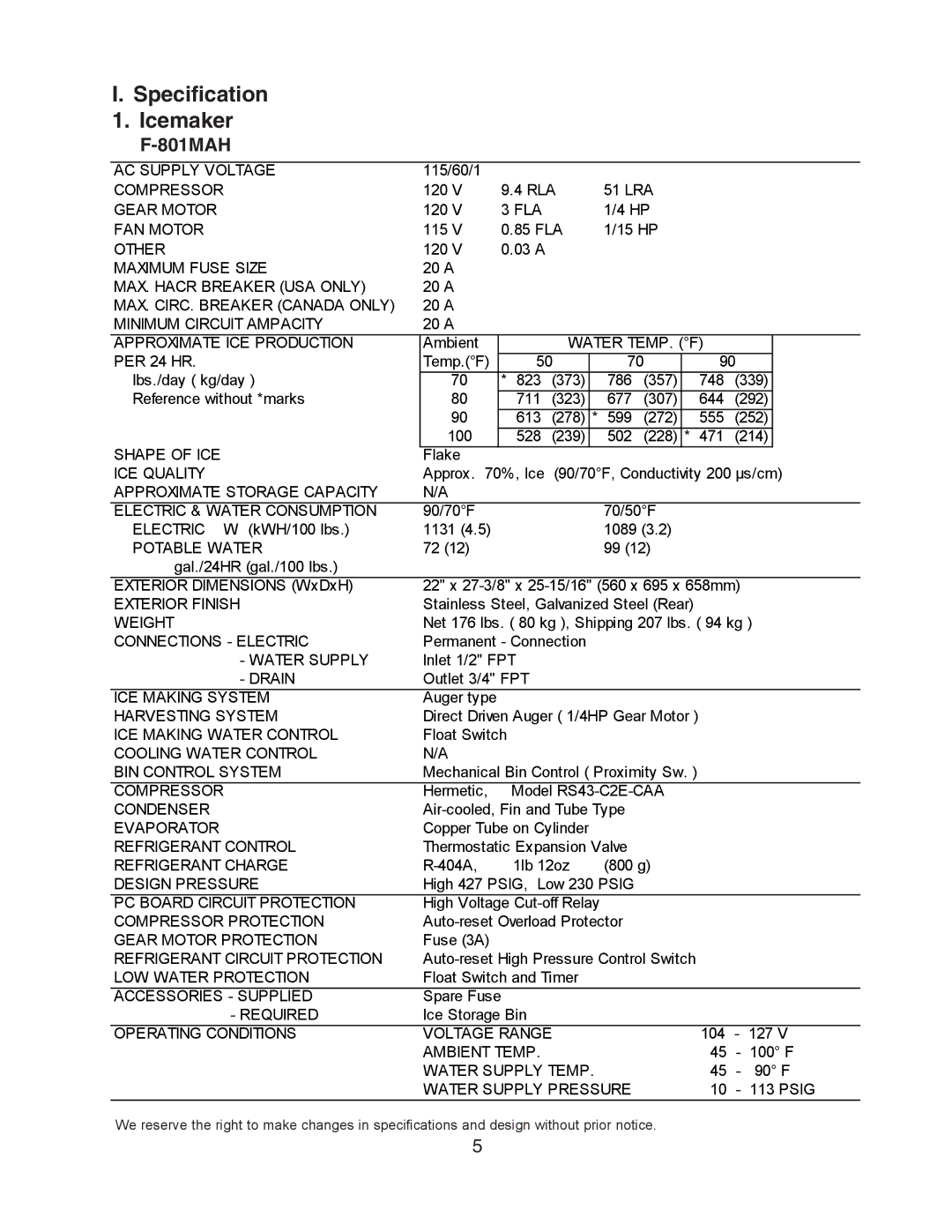 Hoshizaki F-801MWH/-C, F-801MAH/-C service manual Specification Icemaker 