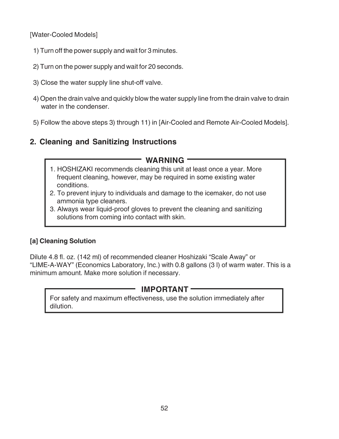 Hoshizaki F-801MAH/-C, F-801MWH/-C service manual Cleaning and Sanitizing Instructions, Cleaning Solution 