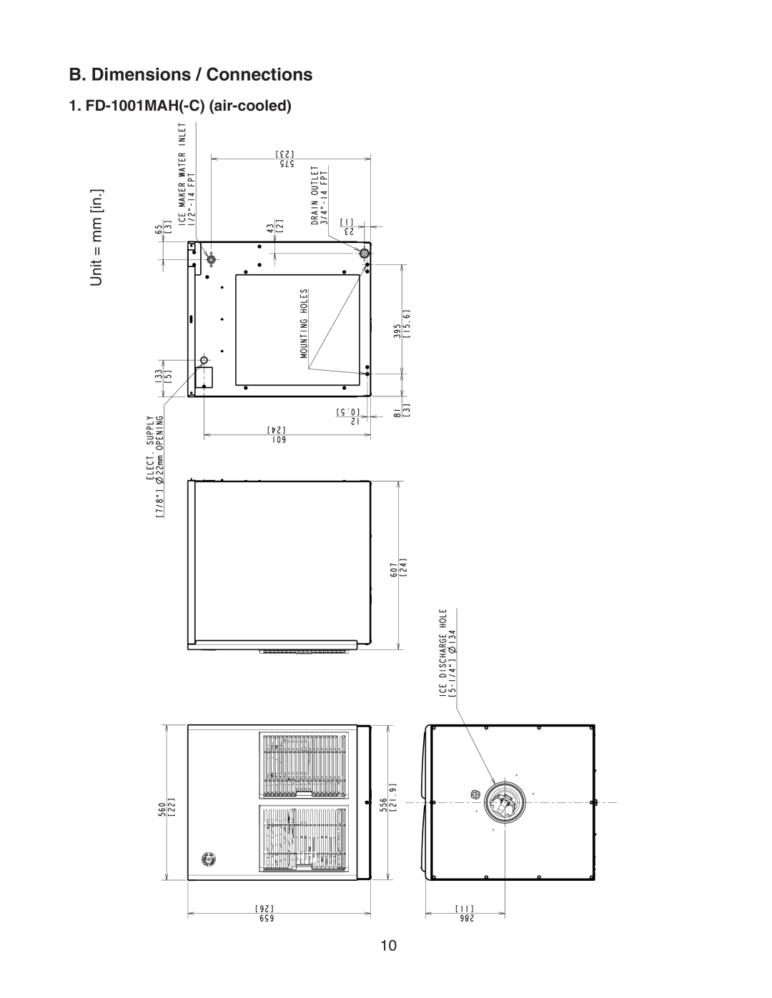 Hoshizaki FD-1001MAH(-C), FD-1001MRH(-C), FD-1001MLH(-C), FD-1001MWH(-C) Dimensions / Connections, FD-1001MAH-C air-cooled 