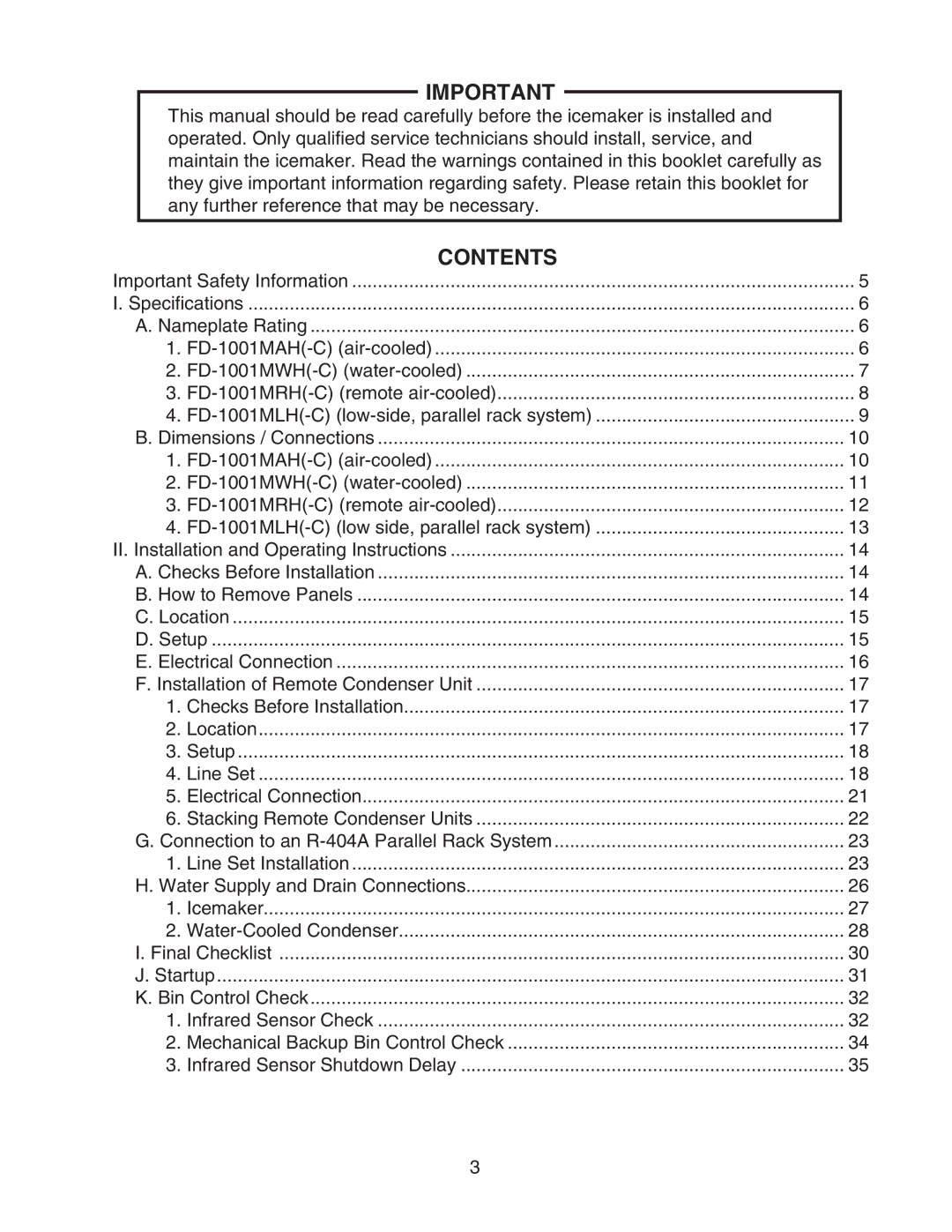 Hoshizaki FD-1001MWH(-C), FD-1001MRH(-C), FD-1001MLH(-C), FD-1001MAH(-C) instruction manual Contents 