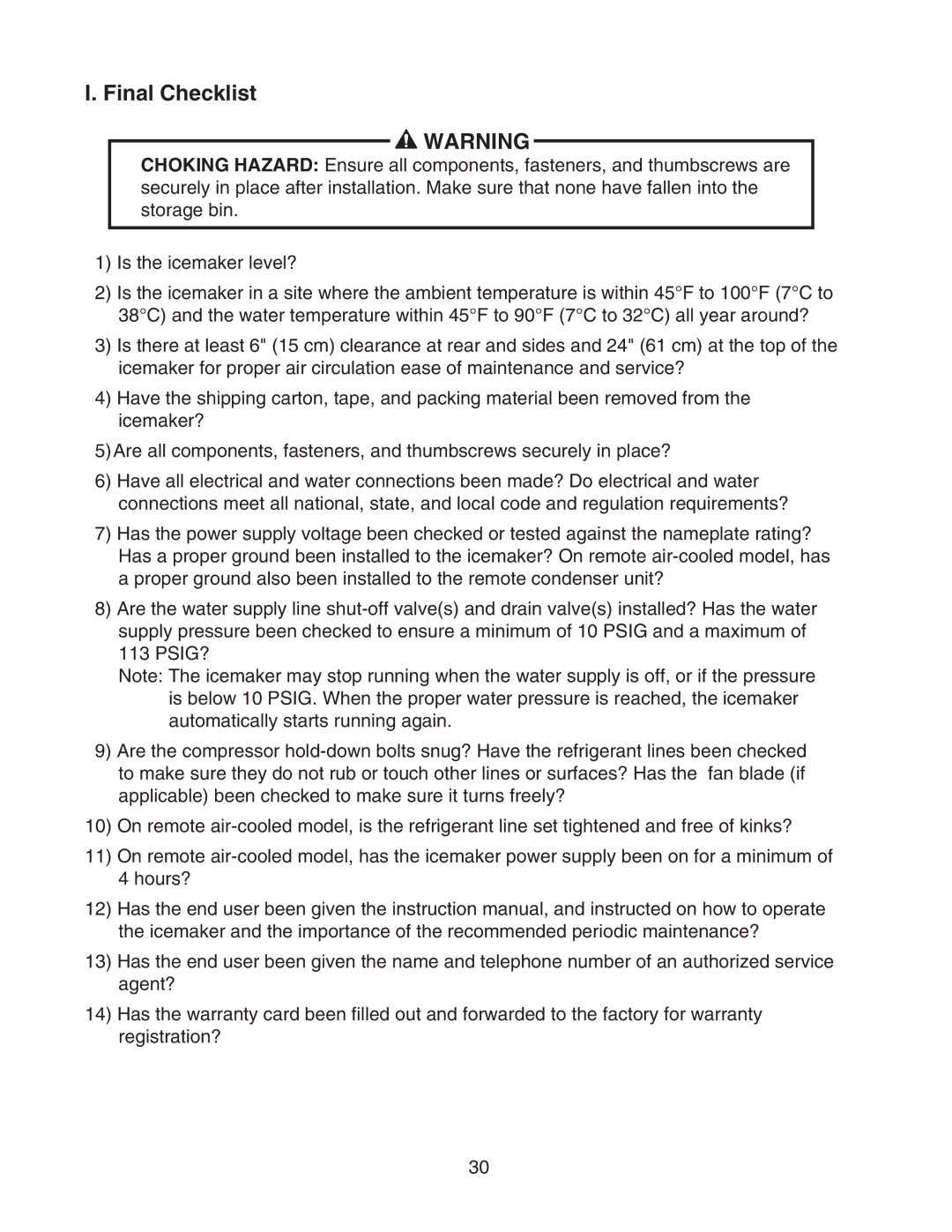 Hoshizaki FD-1001MAH(-C), FD-1001MRH(-C), FD-1001MLH(-C), FD-1001MWH(-C) instruction manual Final Checklist 