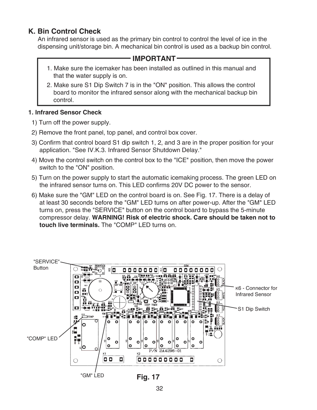 Hoshizaki FD-1001MRH(-C), FD-1001MLH(-C), FD-1001MAH(-C), FD-1001MWH(-C) Bin Control Check, Infrared Sensor Check 