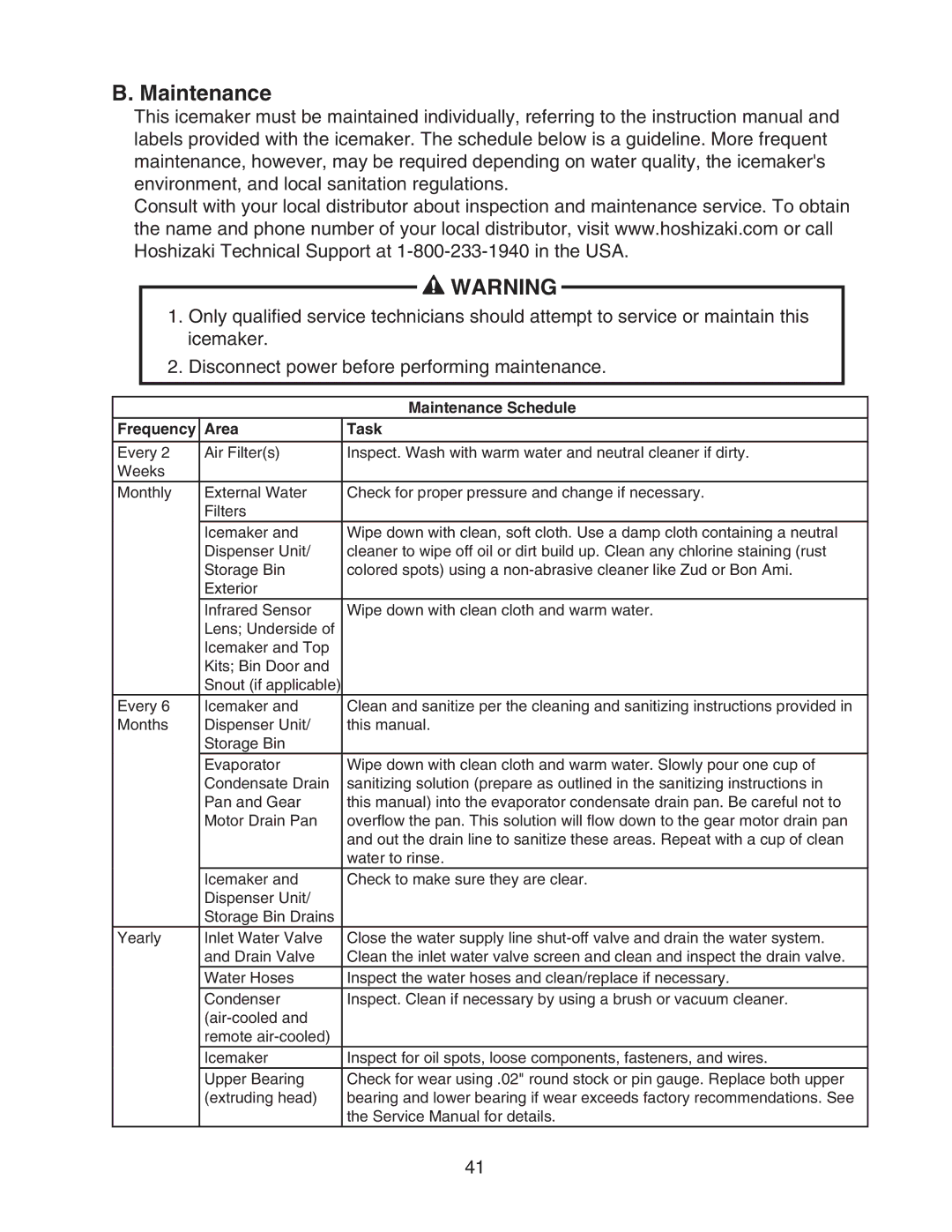 Hoshizaki FD-1001MLH(-C), FD-1001MRH(-C), FD-1001MAH(-C), FD-1001MWH(-C) instruction manual Maintenance, Frequency Area Task 