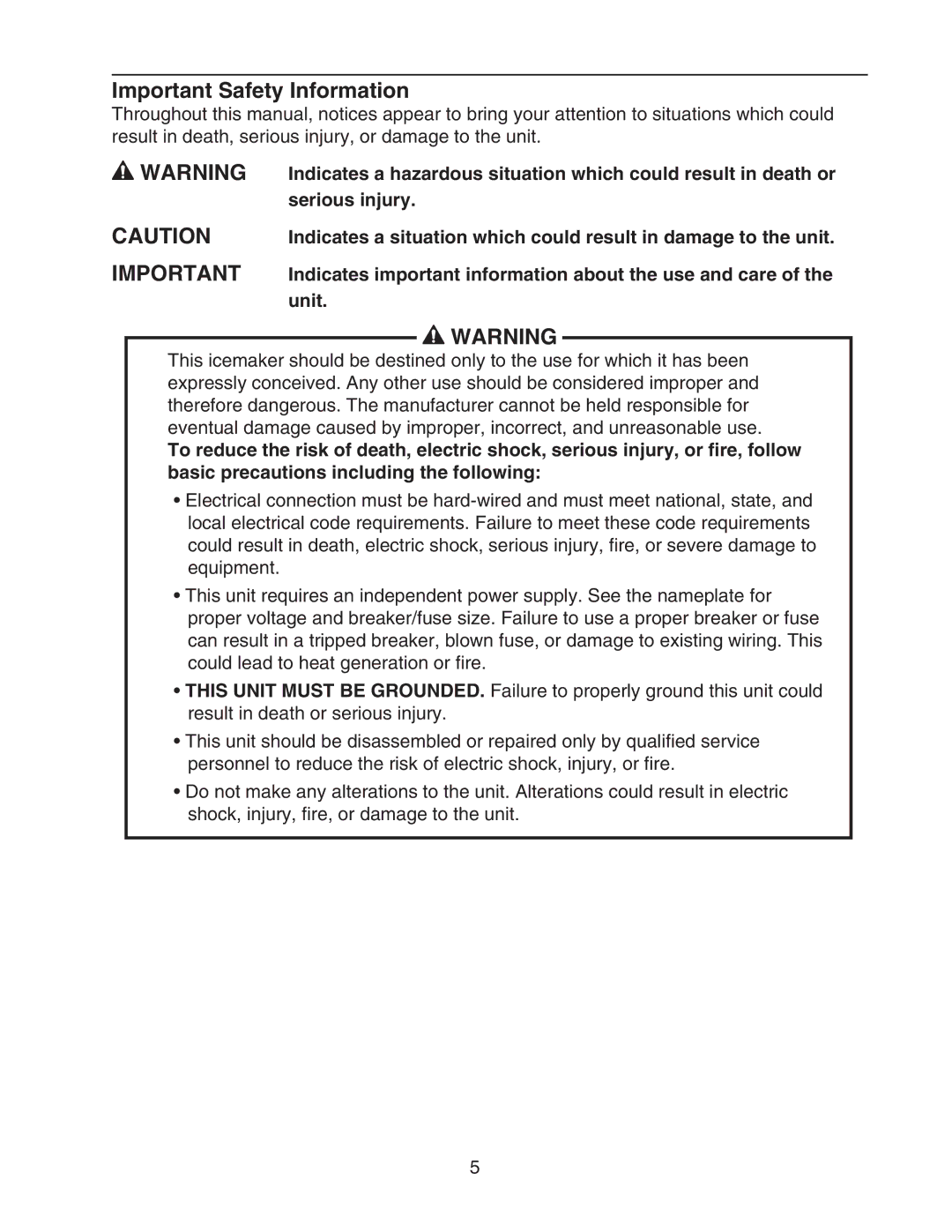 Hoshizaki FD-1001MLH(-C), FD-1001MRH(-C), FD-1001MAH(-C), FD-1001MWH(-C) Important Safety Information, Serious injury, Unit 