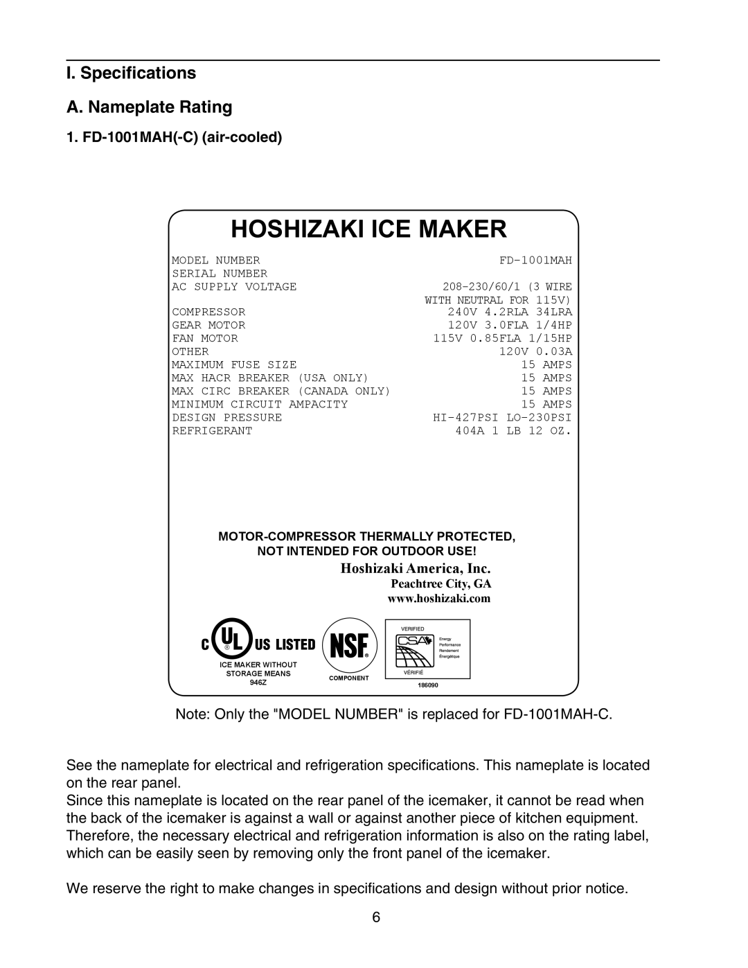 Hoshizaki FD-1001MAH(-C), FD-1001MRH(-C), FD-1001MLH(-C) Specifications Nameplate Rating, FD-1001MAH-C air-cooled 