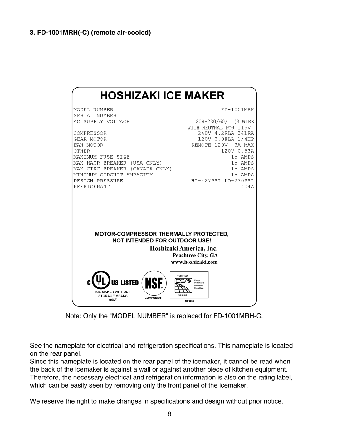 Hoshizaki FD-1001MRH(-C), FD-1001MLH(-C), FD-1001MAH(-C), FD-1001MWH(-C) instruction manual FD-1001MRH-C remote air-cooled 