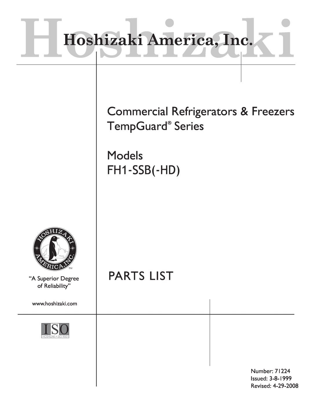 Hoshizaki FH1-SSB(-HD) manual Commercial Refrigerators & Freezers, TempGuard Series Models, FH1-SSB-HD, Parts List 