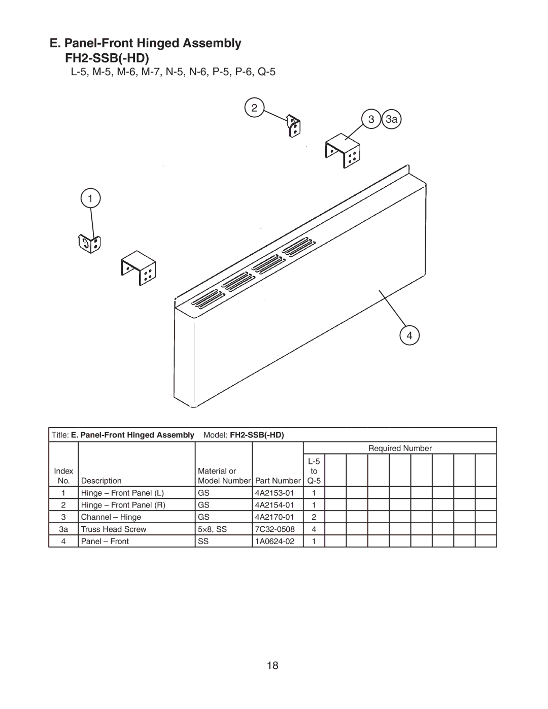 Hoshizaki manual M-5, M-6, M-7, N-5, N-6, P-5, P-6, Q-5, Title E. Panel-Front Hinged Assembly Model FH2-SSB-HD 