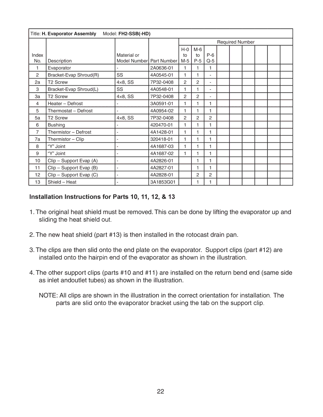 Hoshizaki manual Installation Instructions for Parts 10, 11, 12, Title H. Evaporator Assembly Model FH2-SSB-HD 